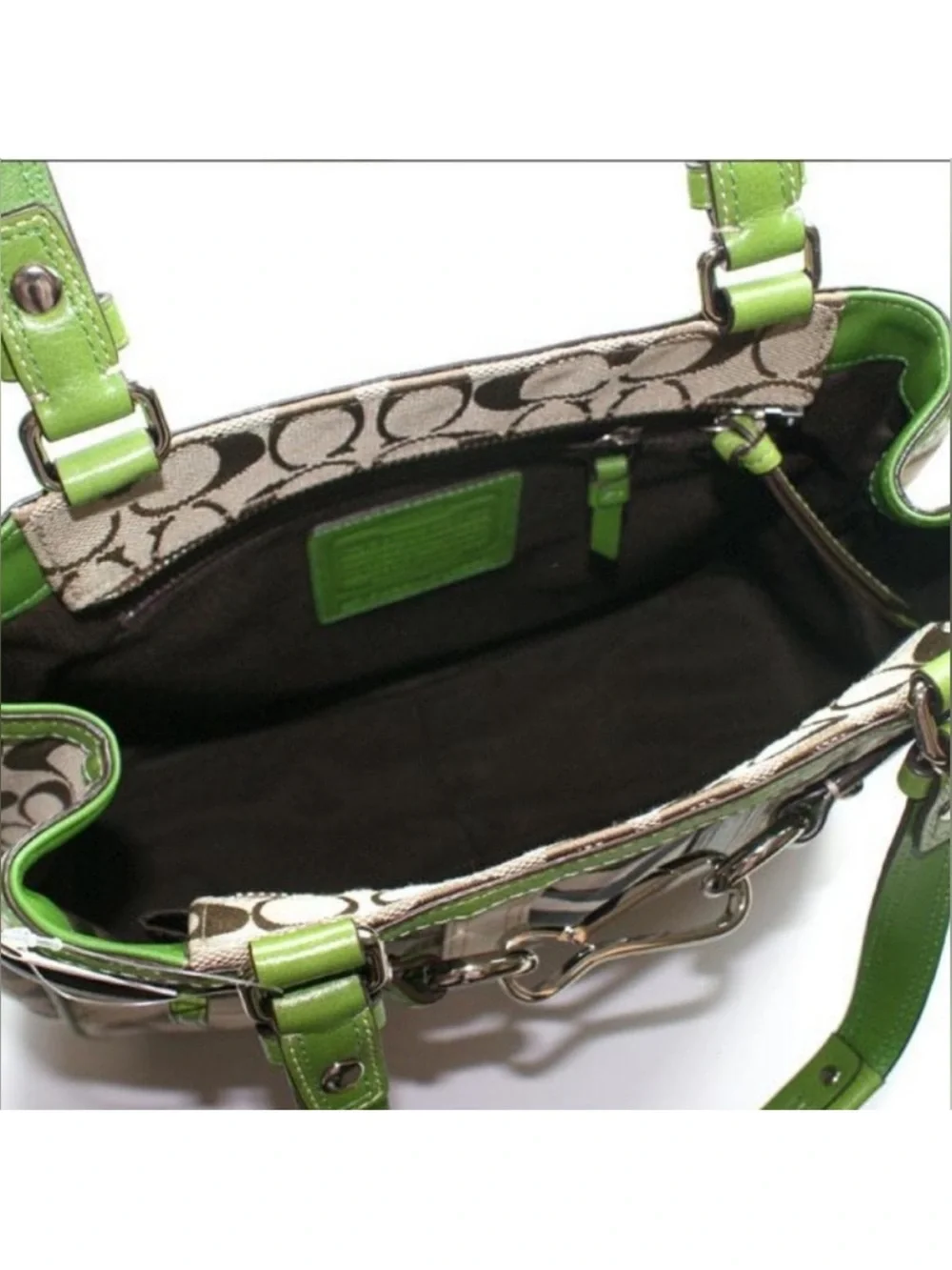 Coach Beige Signature Canvas Tote with Green Trim and Zebra Stripe